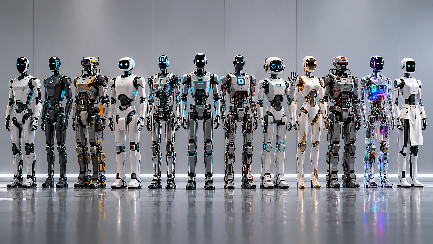 A full lineup of humanoid robots in a futuristic showroom